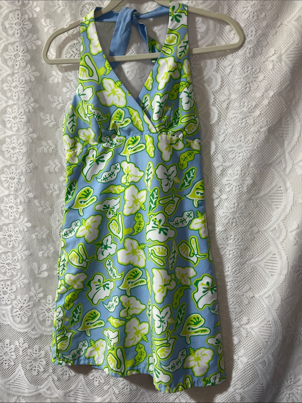 Reversible Floral to Light Blue Halter Dress with white Accent XS/S